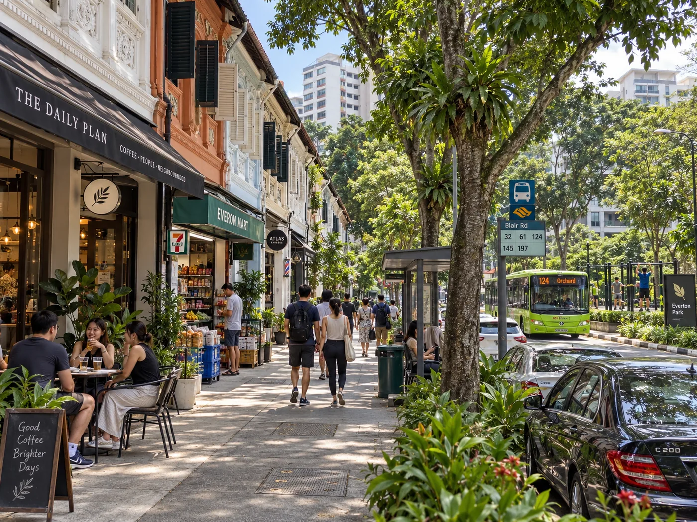 Shophouse row at Everton Park: a corner cafe with pavement tables, a provision shop, and a bus stop under mature roadside trees