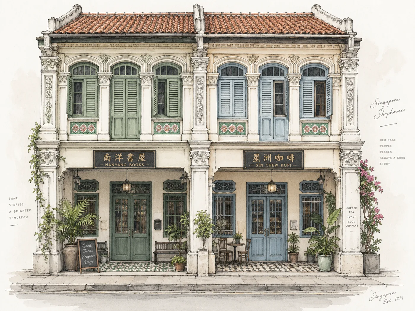 Illustration of a pair of adjoining Singapore shophouses under one roofline, one with green shutters and one with blue, above a bookshop and a kopi shop