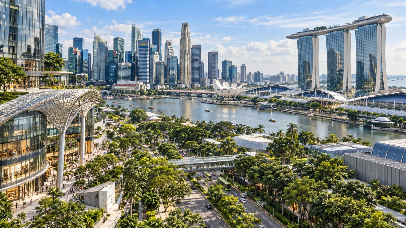 Aerial view of Singapore's Marina Bay: the CBD skyline across the water, with waterfront gardens and promenades in the foreground