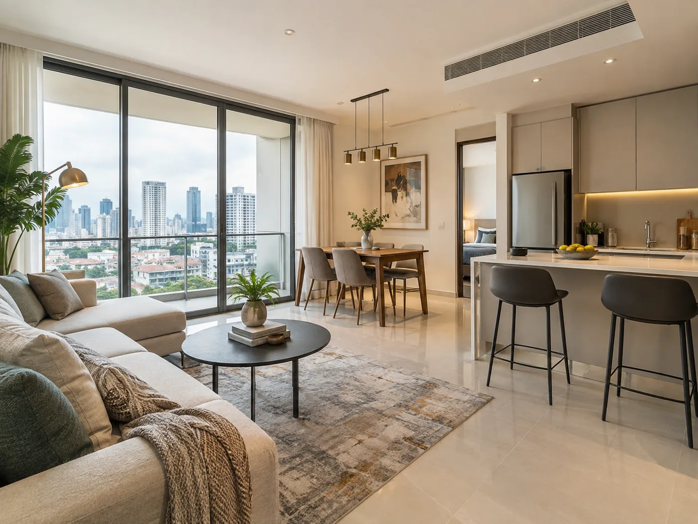 Open-plan living and dining room with a kitchen island, full-height windows and a city view beyond the balcony