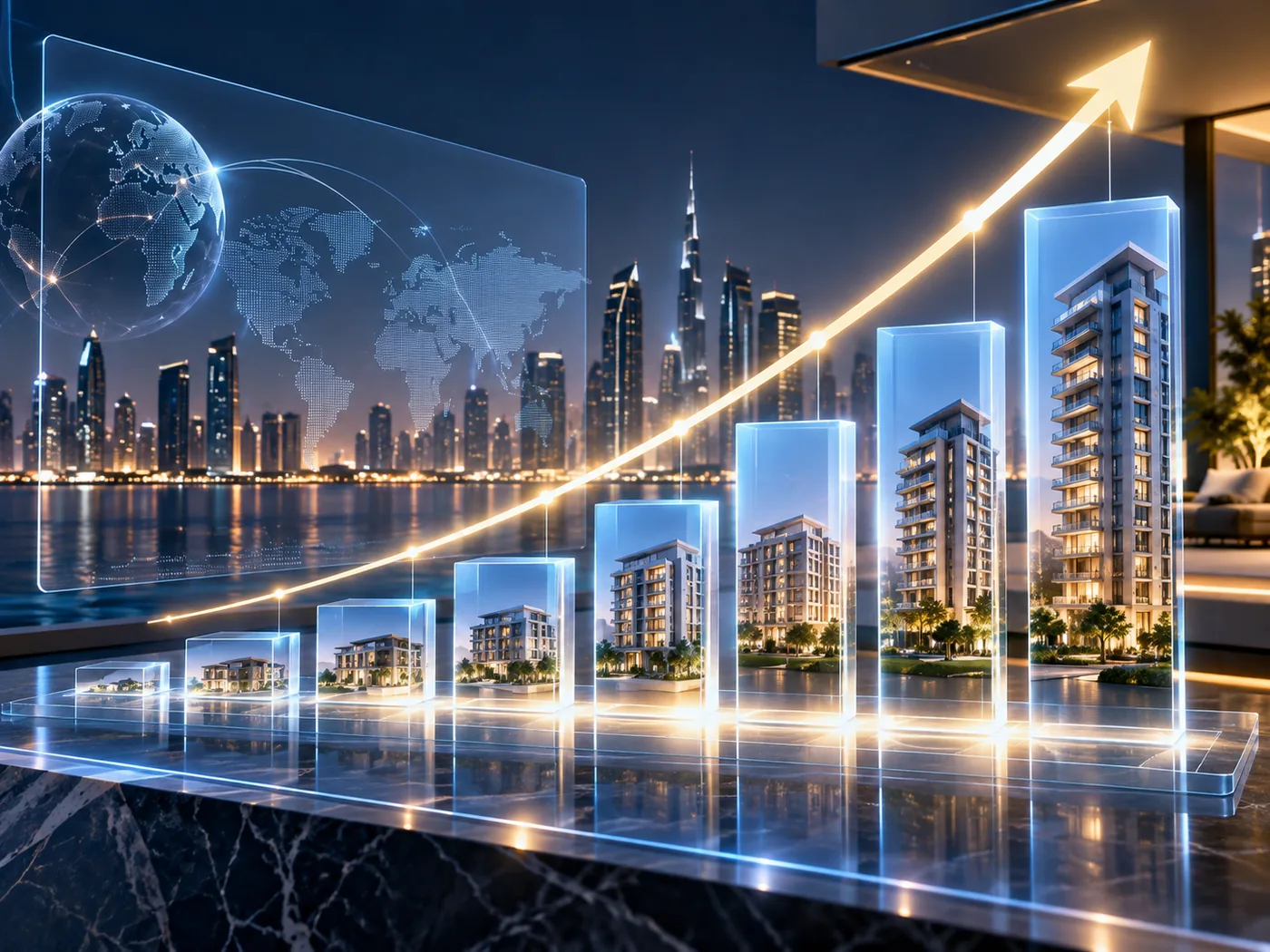 Rising bar chart rendered as illuminated glass blocks holding scale models of buildings, with a rising trend line and a city skyline behind