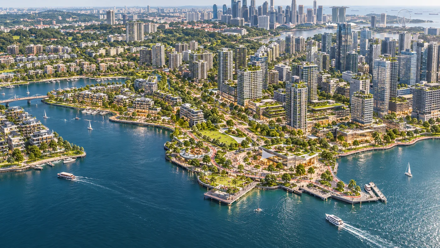 Aerial view of the planned Greater Southern Waterfront: new waterfront housing, parks and promenades with the CBD skyline behind