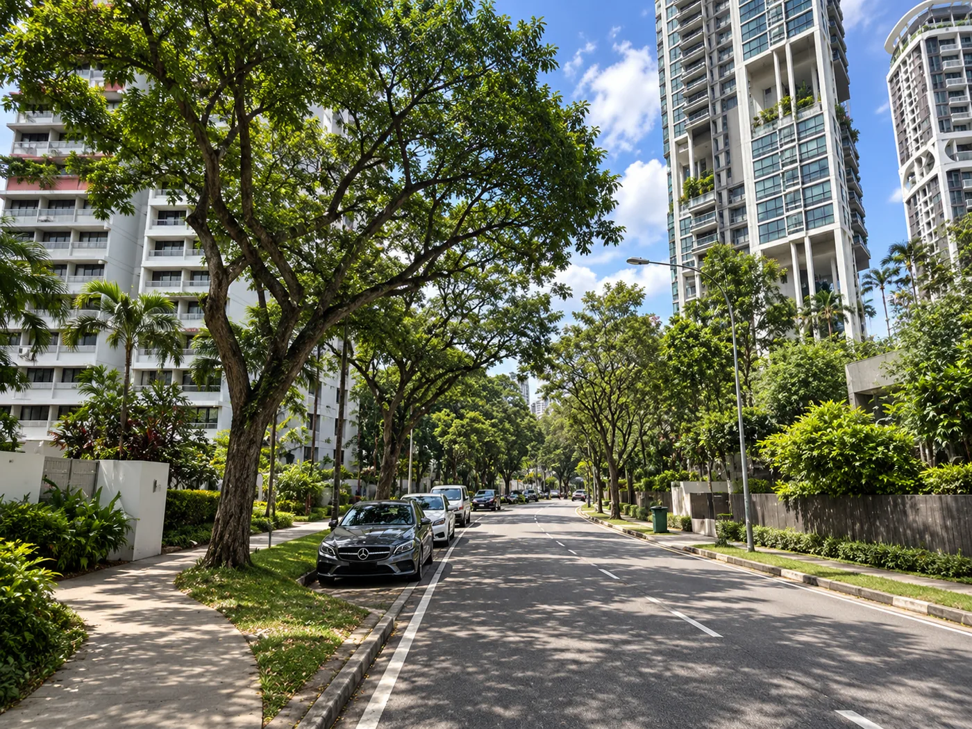 Looking down Spottiswoode Park Road: a wide tree-lined street with mature roadside trees, parked cars and residential blocks on either side