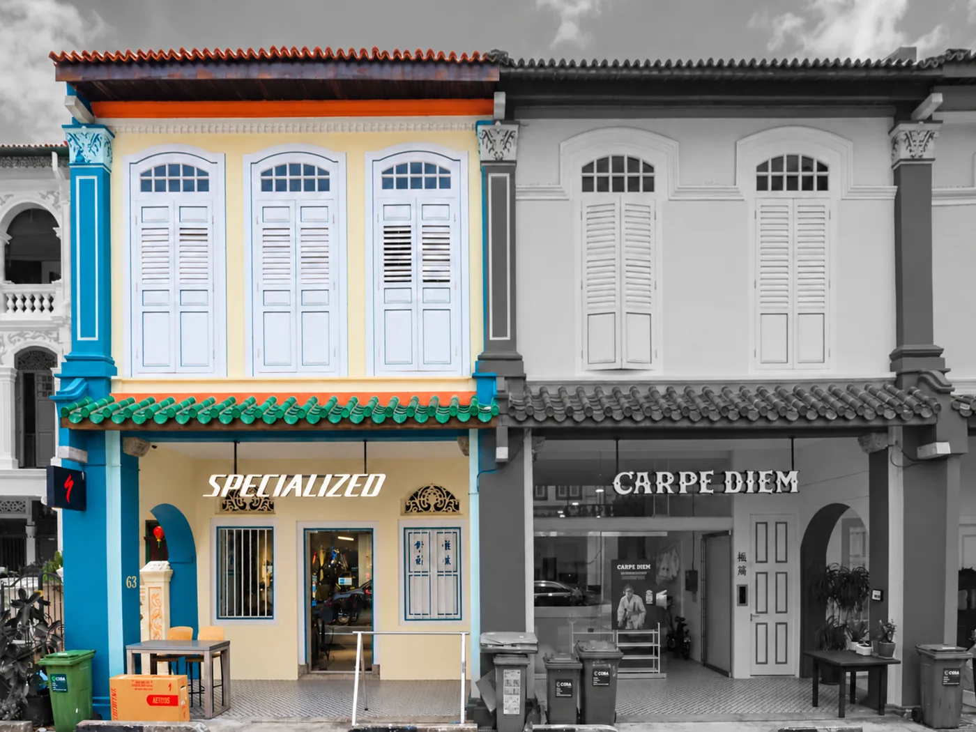 Front elevation of No. 63 Spottiswoode Park Road picked out in colour, with the adjoining No. 64 in greyscale