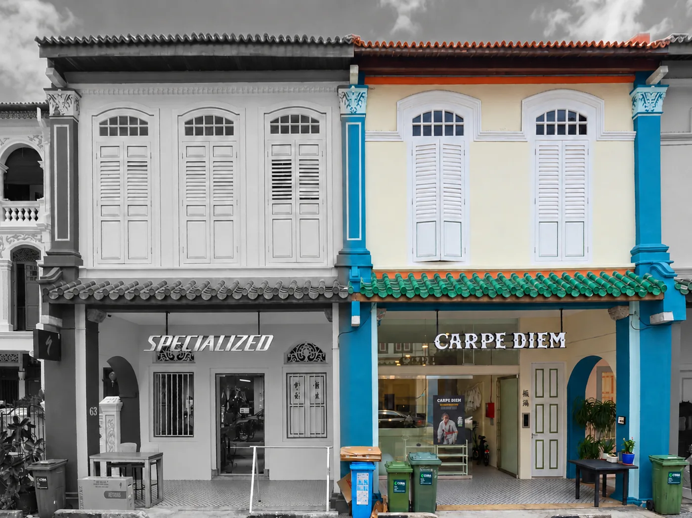 Front elevation of No. 64 Spottiswoode Park Road picked out in colour, with the adjoining No. 63 in greyscale